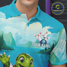 Load image into Gallery viewer, Male bowler wearing ocean turtle bowling jersey during USBC tournament, premium athletic apparel representing wisdom, confidence and resilience.