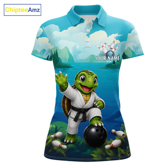 Women's bowling polo featuring funny ocean turtle with bowling graphics, personalized bowling apparel for sea turtle lovers, beach lovers and marine wildlife enthusiasts, symbolizing longevity, patience, wisdom and protection.