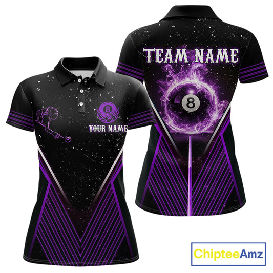 Purple Flames Smoke 8 Ball Pool Women Billiard Polo & 1/4-Zip Attire Custom Billiard Shirt Designs NYN2409