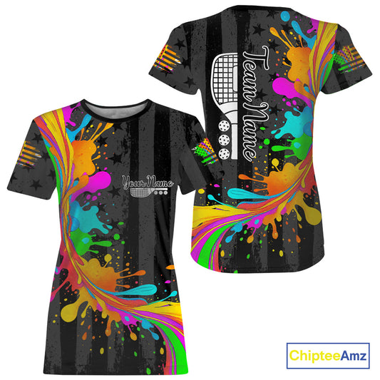 Personalized US Flag Colorful Splashed Pickleball T-Shirt For Women , Patriotic Pickleball Gifts NYN2786