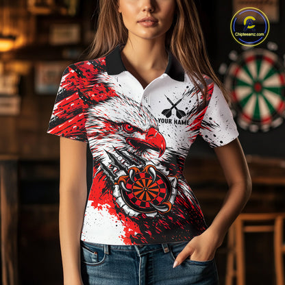 Custom Red Grunge Eagle Scratch Dartboard Women Darts Polo & 1/4-Zip Shirts Dart Team Jerseys NYN2798