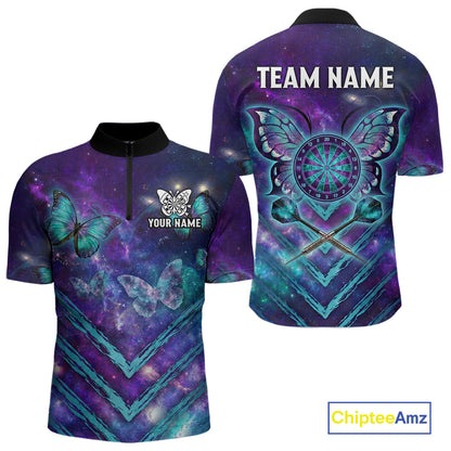 Blue Purple Galaxy Darts Polo & 1/4-Zip Shirt For Men Personalized Butterfly Dart Team Appeal NYN3010