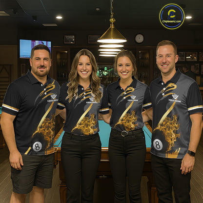 Yellow & Black Fire Flame 8 Ball Pool Billiard Shirt For Women Personalized Billiard Team Attire NYN3427