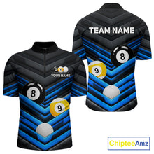 Load image into Gallery viewer, Men's Black Blue quarter zip billiards jersey, personalized pool team uniform, cue sport tournament apparel, championship league shirt