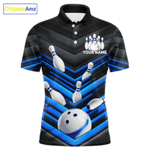 Load image into Gallery viewer, Black and Blue men's bowling polo jersey with bold bowling ball design, custom bowling league shirt, professional tournament apparel, personalized team uniform, bowling club polo, performance sportswear, championship bowling jersey