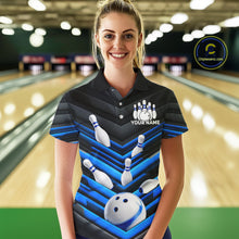 Load image into Gallery viewer, Female model wearing Black and Blue bowling polo jersey, custom women's bowling league shirt, personalized tournament apparel, moisture-wicking athletic uniform, competitive bowling outfit, strike team clothing