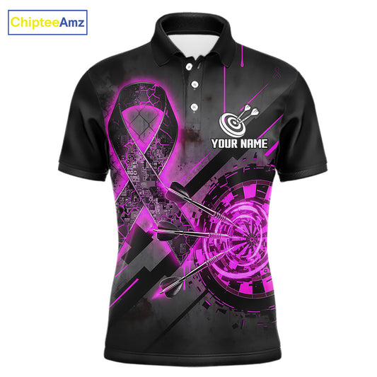 Lightning Pink Ribbon men's darts polo with dartboard and pink ribbon graphics, custom awareness darts jersey, charity league apparel, tournament team shirt, personalized performance uniform