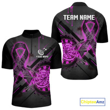 Load image into Gallery viewer, Lightning Pink Ribbon men's quarter-zip darts shirt featuring awareness ribbon, custom dart tournament jersey, fundraising event apparel, personalized league uniform, inspirational sportswear