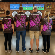 Load image into Gallery viewer, Coordinated Pink Ribbon darts team jerseys for men and women, Breast Cancer Awareness tournament uniforms, charity fundraising apparel, custom league shirts, inspirational team clothing, community event jerseys