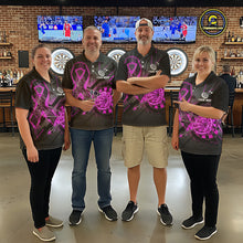 Load image into Gallery viewer, Coordinated Pink Ribbon darts team jerseys for men and women, Breast Cancer Awareness tournament uniforms, charity fundraising apparel, custom league shirts, inspirational team clothing, community event jerseys