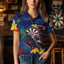 Load image into Gallery viewer, Female model wearing Personalized Eagle Puzzle women's darts polo, custom tournament jersey, personalized awareness athletic clothing, league performance apparel