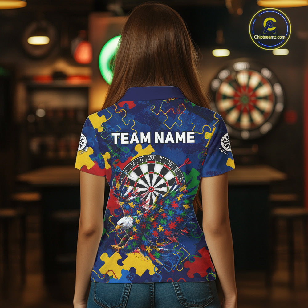 Female model wearing Personalized Eagle Puzzle women's darts polo, custom tournament jersey, personalized awareness athletic clothing, league performance apparel