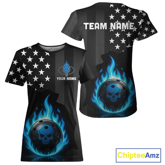 Custom Blue Flames Pickleball Ball 3D League Jerseys Women Pickleball US Flag Team Shirts NYN2146