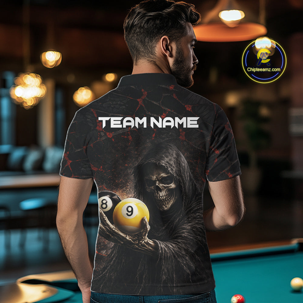 Red Grunge Grim Reaper Hold 8 Ball & 9 Ball Pool Men Billiard Shirt Custom Billiard Team Attire NYN2639