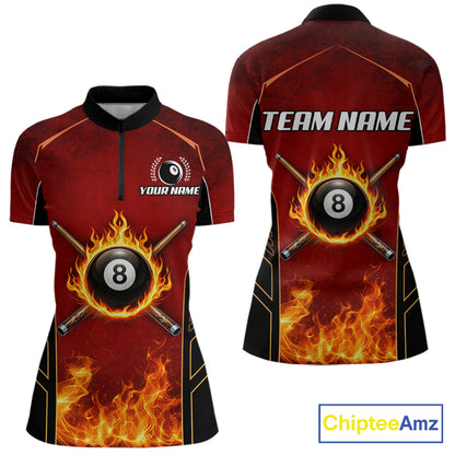 Red Billiard 8 Ball Cue Shirts For Women Custom Fire Flame Pool Team Billiard Polo & 1/4 Zip Jerseys NYN3016
