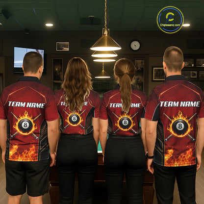 Red Billiard 8 Ball Cue Shirts For Men Custom Fire Flame Pool Team Billiard Polo & 1/4 Zip Jerseys NYN3016