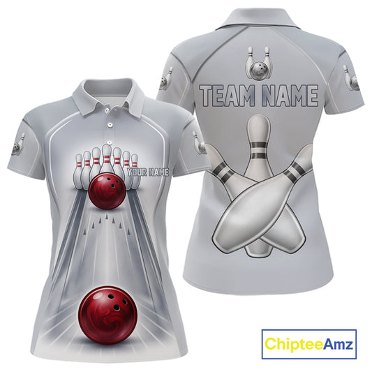 Silver And Red Bowling Custom Bowling Polo & Quarter Zip Team Shirts, Women Bowling Outfit Jersey NYN3021