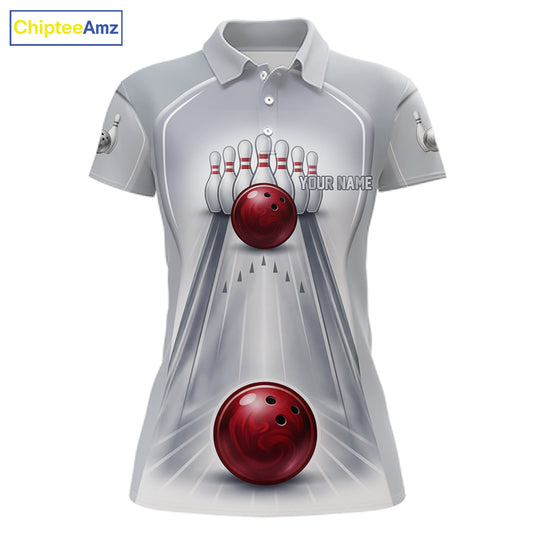 Silver And Red Bowling Custom Bowling Polo & Quarter Zip Team Shirts, Women Bowling Outfit Jersey NYN3021