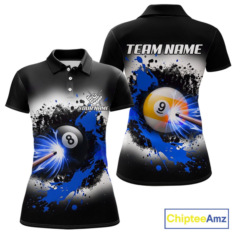 Lightning blue billiard 8 ball and 9 ball shirt for women custom grunge pool team jersey