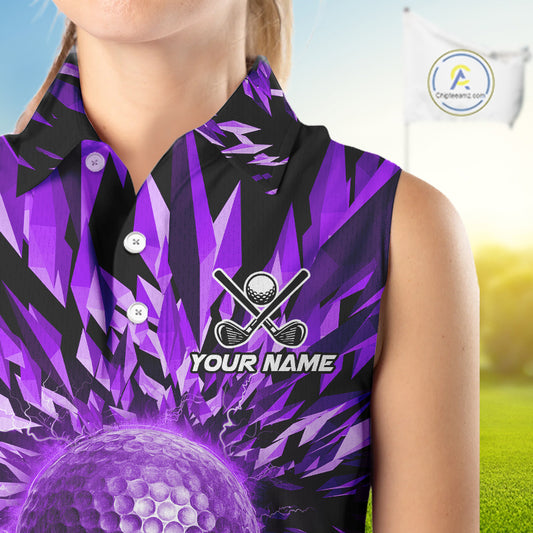 Icy Purple Geometric Golf Sleeveless Polo Shirt Customize Golf Gifts For Women Golf Team Attire NYN4007