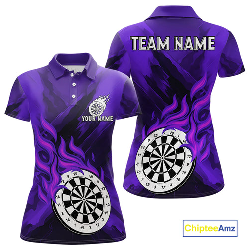 Custom Purple Flaming White Dartboard Dart Polo Shirt For Women  Outfits Dart Jerseys NYN1610