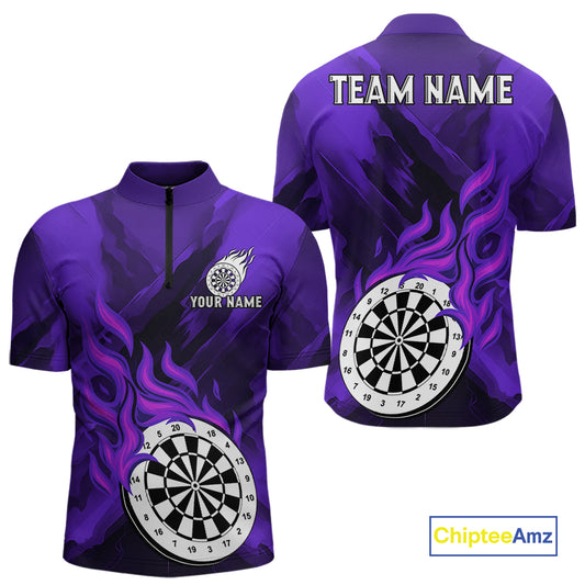 Custom Purple Flaming White Dartboard Dart Quarter-Zip Shirt For Men Outfits Dart Jerseys NYN1610