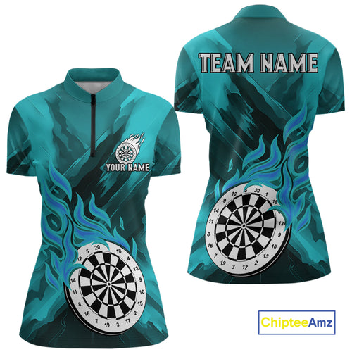 Custom Turquoise Flaming White Dartboard Dart Quarter-Zip Shirt For Women Outfits Dart Jerseys NYN1611