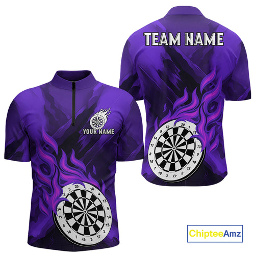 Custom Purple Flaming White Dartboard Dart Quarter-Zip Shirt For Men Outfits Dart Jerseys NYN1610