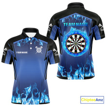 Load image into Gallery viewer, Blue Flaming Dartboard Men's Flaming Darts Shirt - Custom Name For Darts Jersey NYN0481
