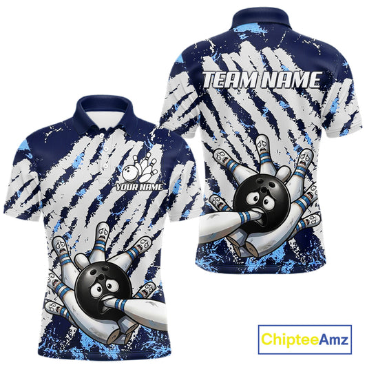 Blue and white grunge bowling ball and pins shirt for men custom bowling team jersey
