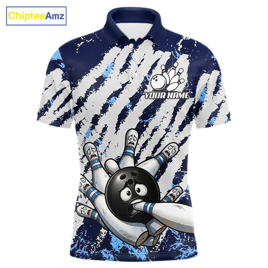 Blue and white grunge bowling ball and pins shirt for men custom bowling team jersey