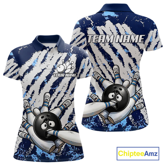 Blue and white grunge bowling ball and pins shirt for women custom bowling team jersey