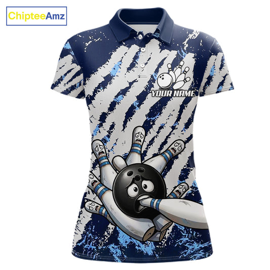 Blue And White Grunge Funny Bowling Ball & Pins Shirts Custom Team Bowling Jerseys For Women NYN3445