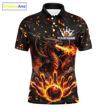 Load image into Gallery viewer, Fire flame dragon bowling polo quarter zip shirt for men red bowling team jersey
