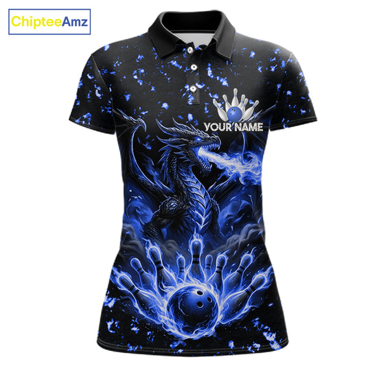 Fire flame dragon bowling polo quarter zip shirt for women blue bowling team jersey