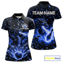 Load image into Gallery viewer, Fire flame dragon bowling polo quarter zip shirt for women blue bowling team jersey