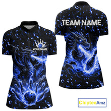 Load image into Gallery viewer, Fire flame dragon bowling polo quarter zip shirt for women blue bowling team jersey