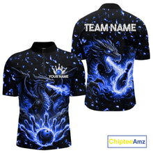 Load image into Gallery viewer, Fire flame dragon bowling polo quarter zip shirt for men blue bowling team jersey