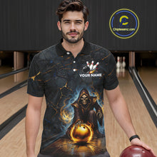 Load image into Gallery viewer, Flame Grim Reaper Custom Men Bowling Polo &amp; Quarter-Zip Shirts Gold Bowling Ball League Jerseys NYN3011