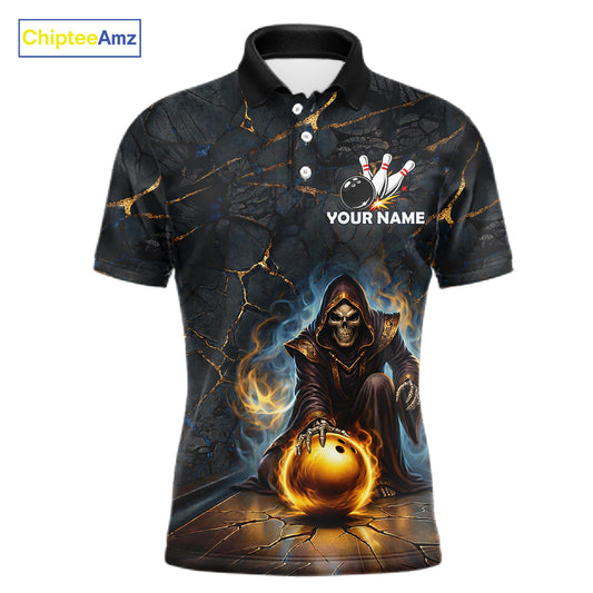Flame Grim Reaper Custom Men Bowling Polo & Quarter-Zip Shirts Gold Bowling Ball League Jerseys NYN3011