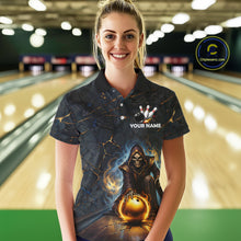 Load image into Gallery viewer, Flame Grim Reaper Custom Women Bowling Polo &amp; Quarter-Zip Shirts Gold Bowling Ball League Jerseys NYN3011