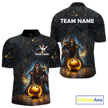 Load image into Gallery viewer, Flame Grim Reaper Custom Men Bowling Polo &amp; Quarter-Zip Shirts Gold Bowling Ball League Jerseys NYN3011