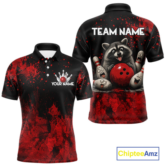 Red Splatter Cute Raccoon Men Bowling Shirts Custom Funny Bowling Pins Team Jerseys For Bowlers NYN3197