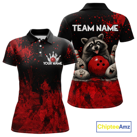 Red Splatter Cute Raccoon Women Bowling Shirts Custom Funny Bowling Pins Team Jerseys For Bowlers NYN3197