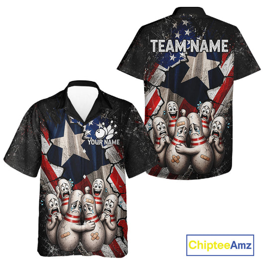 Funny Sad Pins Texas Flag bowling Hawaiian shirt featuring sad bowling pins and Texas flag artwork, custom tropical bowling button-up shirt, personalized league apparel, aloha vacation bowling team clothing