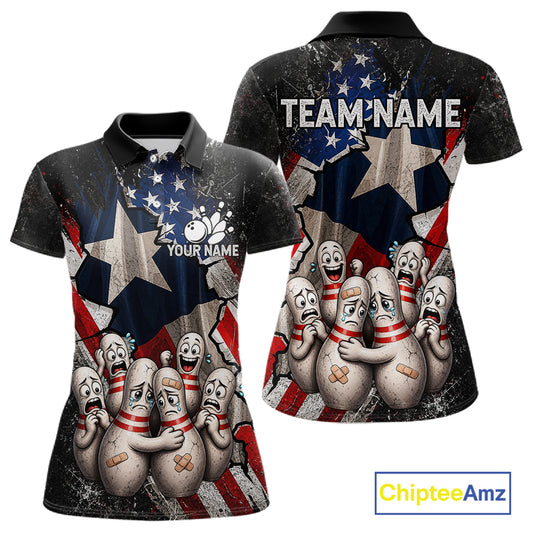 Funny Sad Pins Mascot Patriotic Bowling Jersey For Women Custom Texas - US Flag Bowling Team Shirts NYN3199