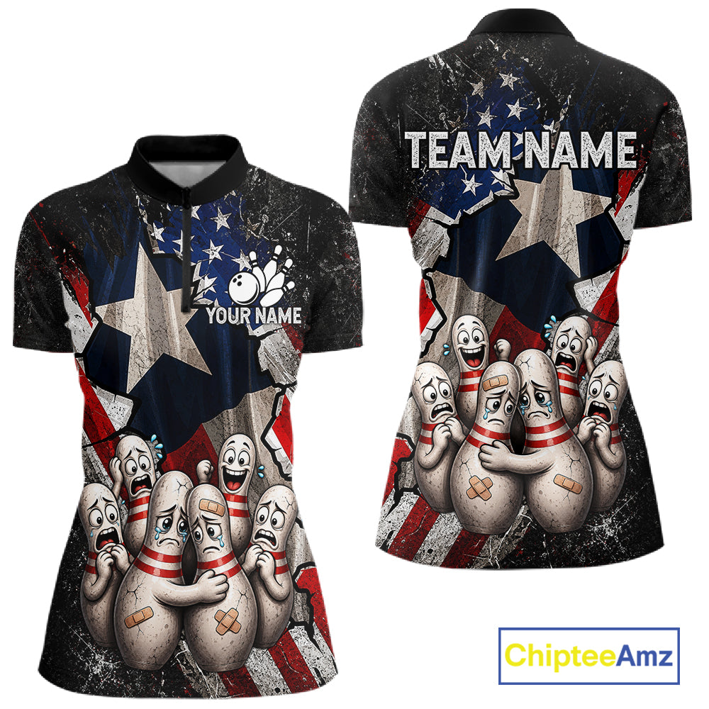 Funny Sad Pins Mascot Patriotic Bowling Jersey For Women Custom Texas - US Flag Bowling Team Shirts NYN3199
