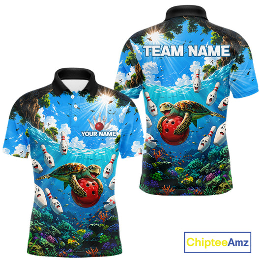 Funny ocean turtle bowling polo shirt for men custom bowling team jersey mockup