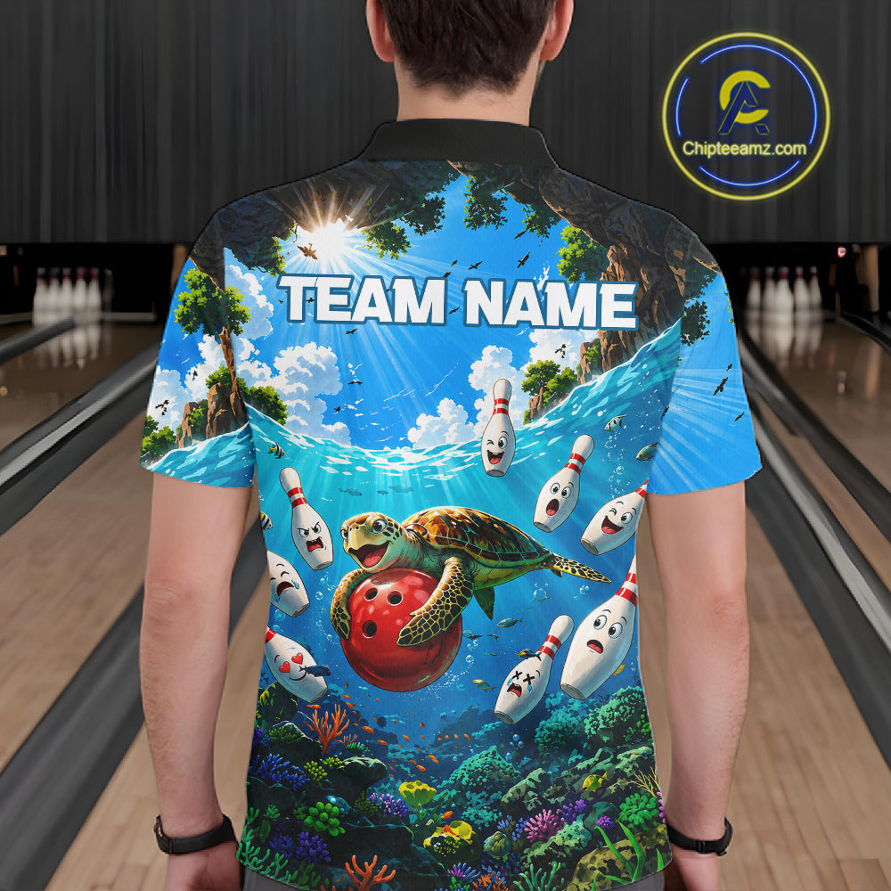 Man wearing ocean turtle bowling shirt custom bowling apparel