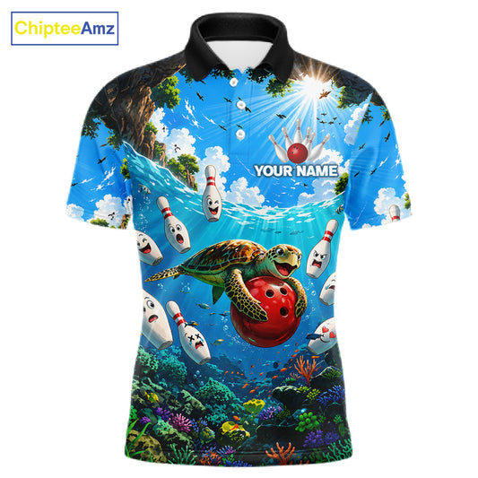 Funny ocean turtle bowling polo shirt for men custom bowling team jersey mockup